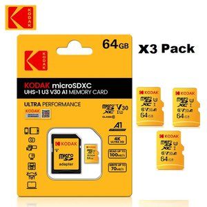 Lot Of 3 Pack Kodak Micro SD Card 64GB  High Speed Memory Card U3 A1 V30 Class